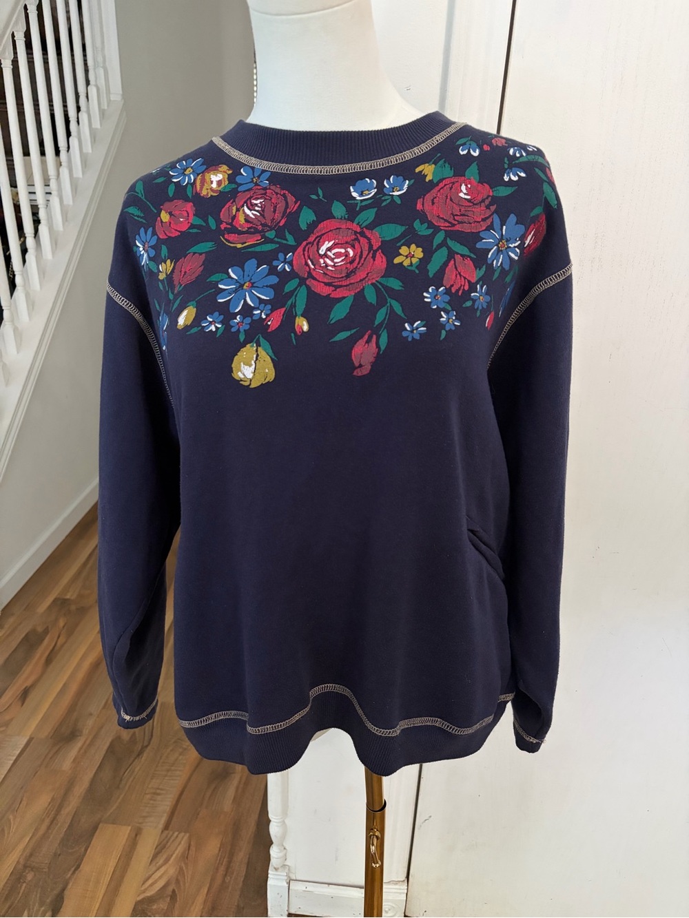 Vintage Navy Painted Floral Yoke Crewneck Sweatshirt, Medium, EUC